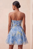 Grey Blue Strapless A-Line Ruched Short Homecoming Dress with 3D Flower