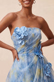 Grey Blue Strapless A-Line Ruched Short Homecoming Dress with 3D Flower