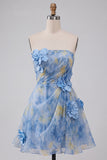 Grey Blue Strapless A-Line Ruched Short Homecoming Dress with 3D Flower