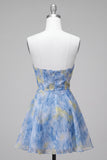 Grey Blue Strapless A-Line Ruched Short Homecoming Dress with 3D Flower