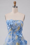 Grey Blue Strapless A-Line Ruched Short Homecoming Dress with 3D Flower