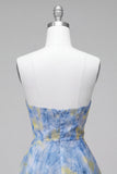 Grey Blue Strapless A-Line Ruched Short Homecoming Dress with 3D Flower