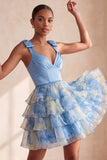 Grey Blue V-Neck Tiered Short Homecoming Dress with Bow