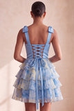 Grey Blue V-Neck Tiered Short Homecoming Dress with Bow