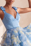 Grey Blue V-Neck Tiered Short Homecoming Dress with Bow