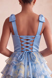 Grey Blue V-Neck Tiered Short Homecoming Dress with Bow
