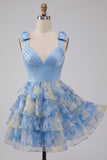 Grey Blue V-Neck Tiered Short Homecoming Dress with Bow