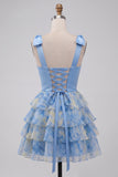 Grey Blue V-Neck Tiered Short Homecoming Dress with Bow