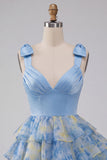 Grey Blue V-Neck Tiered Short Homecoming Dress with Bow