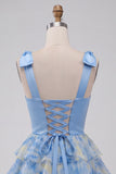 Grey Blue V-Neck Tiered Short Homecoming Dress with Bow