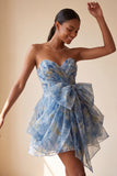 Grey Blue Strapless Ruched Mini Homecoming Dress with Bow