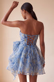 Grey Blue Strapless Ruched Mini Homecoming Dress with Bow