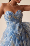 Grey Blue Strapless Ruched Mini Homecoming Dress with Bow