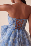 Grey Blue Strapless Ruched Mini Homecoming Dress with Bow