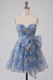 Grey Blue Strapless Ruched Mini Homecoming Dress with Bow