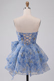 Grey Blue Strapless Ruched Mini Homecoming Dress with Bow