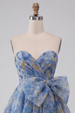 Grey Blue Strapless Ruched Mini Homecoming Dress with Bow