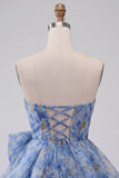 Grey Blue Strapless Ruched Mini Homecoming Dress with Bow