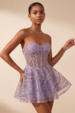 Lilac Corset Strapless Sequins Short Homecoming Dress
