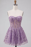 Lilac Corset Strapless Sequins Short Homecoming Dress