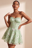 Sage Green Corset Strapless Floral Short Homecoming Dress