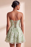Sage Green Corset Strapless Floral Short Homecoming Dress