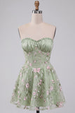 Sage Green Corset Strapless Floral Short Homecoming Dress
