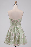 Sage Green Corset Strapless Floral Short Homecoming Dress
