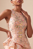A-Line Round Neck Embroidered Floral Short Homecoming Dress with Ruffles