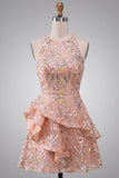 A-Line Round Neck Embroidered Floral Short Homecoming Dress with Ruffles