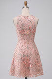 A-Line Round Neck Embroidered Floral Short Homecoming Dress with Ruffles