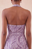Sparkly Lilac Beaded Sequins Halter Backless Short Homecoming Dress