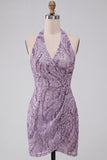 Sparkly Lilac Beaded Sequins Halter Backless Short Homecoming Dress