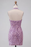 Sparkly Lilac Beaded Sequins Halter Backless Short Homecoming Dress