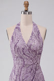 Sparkly Lilac Beaded Sequins Halter Backless Short Homecoming Dress