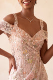 Blush Bodycon Cold Shoulder Floral Short Homecoming Dress with Embroidery