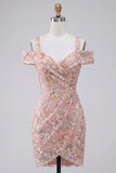 Blush Bodycon Cold Shoulder Floral Short Homecoming Dress with Embroidery