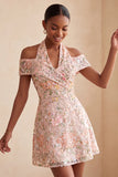 Floral Embroidered Sequin Cold-Shoulder Halter Short Homecoming Dress