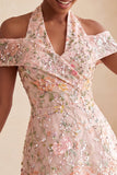 Floral Embroidered Sequin Cold-Shoulder Halter Short Homecoming Dress