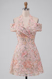 Floral Embroidered Sequin Cold-Shoulder Halter Short Homecoming Dress