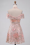 Floral Embroidered Sequin Cold-Shoulder Halter Short Homecoming Dress