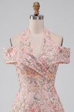 Floral Embroidered Sequin Cold-Shoulder Halter Short Homecoming Dress