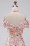 Floral Embroidered Sequin Cold-Shoulder Halter Short Homecoming Dress