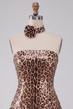 Sparkly Leopard Print Sequin Strapless Short Homecoming Dress with Rosette Choker