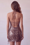 Leopard Print Bodycon Halter Mini Homecoming Dress with Strings