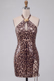 Leopard Print Bodycon Halter Mini Homecoming Dress with Strings