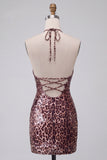 Leopard Print Bodycon Halter Mini Homecoming Dress with Strings