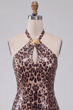 Leopard Print Bodycon Halter Mini Homecoming Dress with Strings