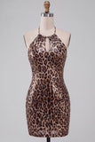 Sparkly Sequin Leopard Print Bodycon Halter Keyhole Short Homecoming Dress