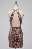 Sparkly Sequin Leopard Print Bodycon Halter Keyhole Short Homecoming Dress